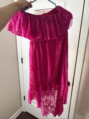 Girls Hot Pink Lace Off-Shoulder Dress